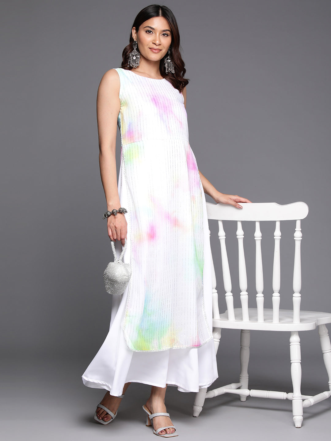 Tie and Dye Printed Boat Neck Ethnic Layered Dress