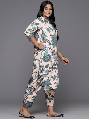 Beige & Green Floral Printed Plus Size Kurta with Trousers