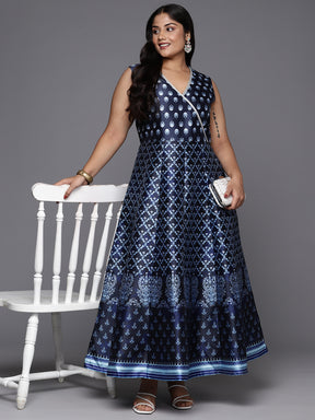 Blue Plus Size Printed Wrap Maxi Dress