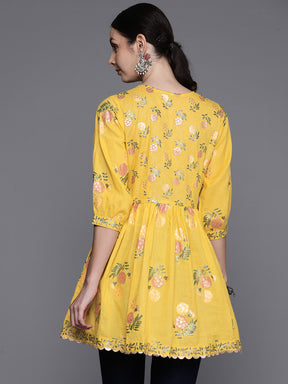 Mustard Yellow & Green Floral Printed Embellished Pure Cotton Tunic