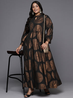 Black & Copper Printed Plus Size A-line Maxi Dress