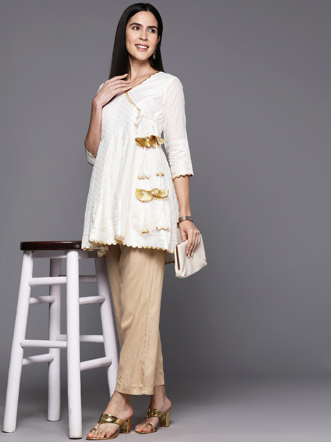 Off white & Gold-Toned Printed Chanderi Ethnic Tunic