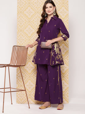 Burgundy Floral Printed Ethnic Tunic with Palazzos