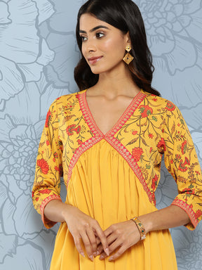 Yellow Floral Print Empire Midi Ethnic Dress