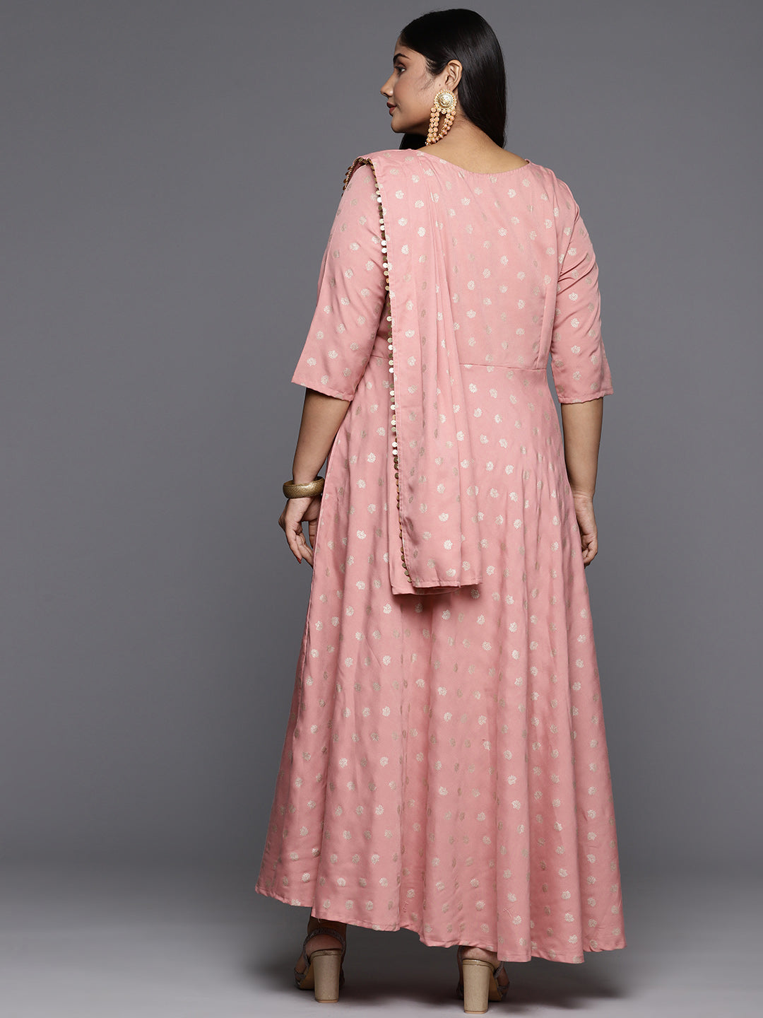 Pink Printed Plus Size A-Line Maxi Dress with Dupatta