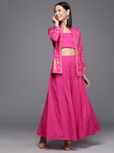 Pink Solid Crop Top with Palazzos and Printed Shrug