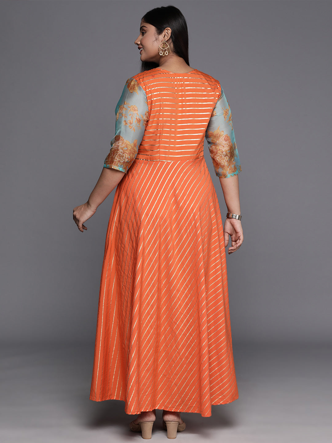 Orange, Gold & Green Printed Plus Size Maxi Ethnic Dress