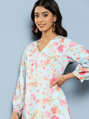 Turquoise Blue Floral Printed Regular Tunic with Palazzos