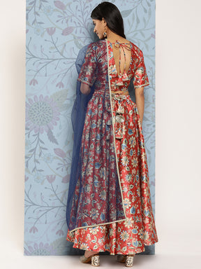 Rust & Blue Floral Printed Ready to Wear Lehenga & Blouse With Dupatta