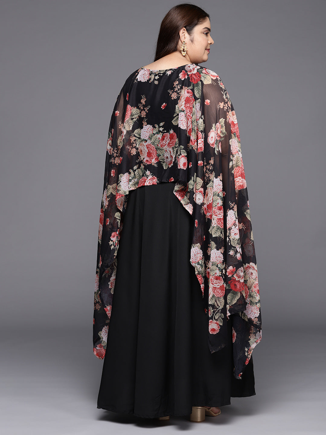 Black & Pink Plus Size Maxi Ethnic Dress with Cape