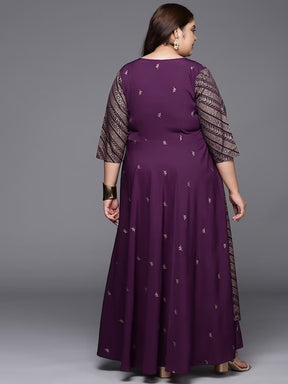 Burgandy & Gold Printed Plus Size Maxi Ethnic Dress