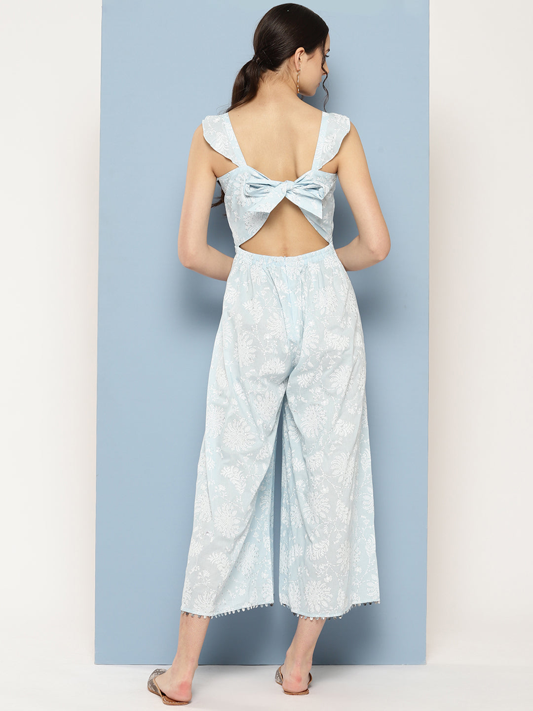 Blue Printed Pure Cotton Jumpsuit with Ruffles
