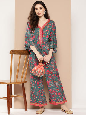 Green & Pink Printed Jumpsuit with Lace Inserts