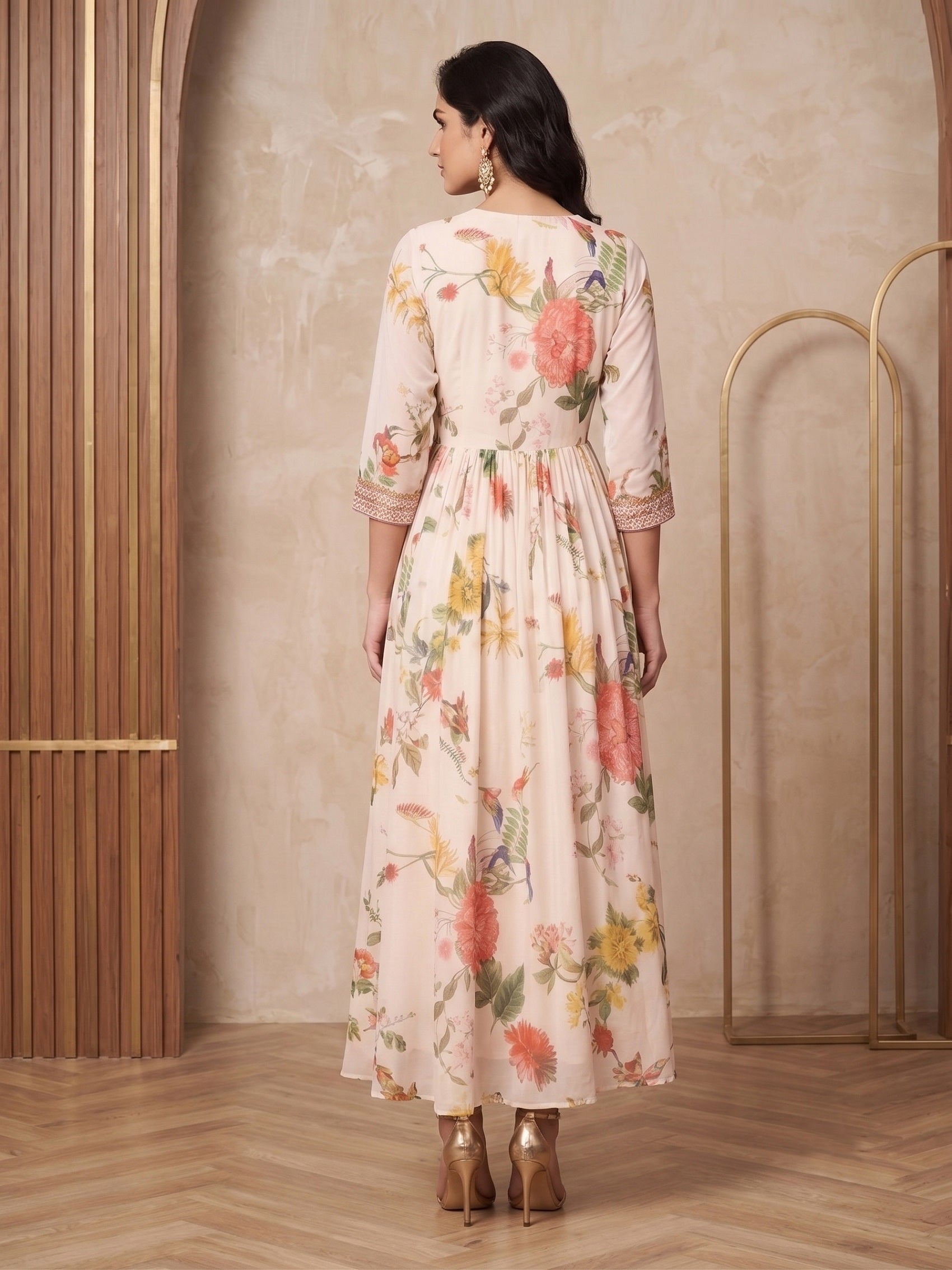 Printed V-Neck Fit And Flare Maxi Dress