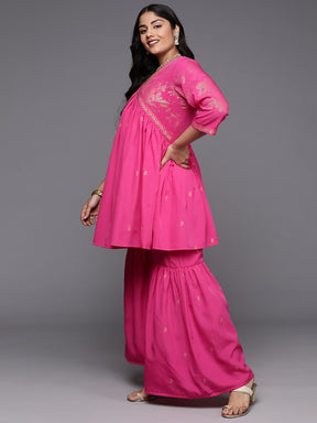 Pink & Gold Plus Size Printed Ethnic Co-Ords