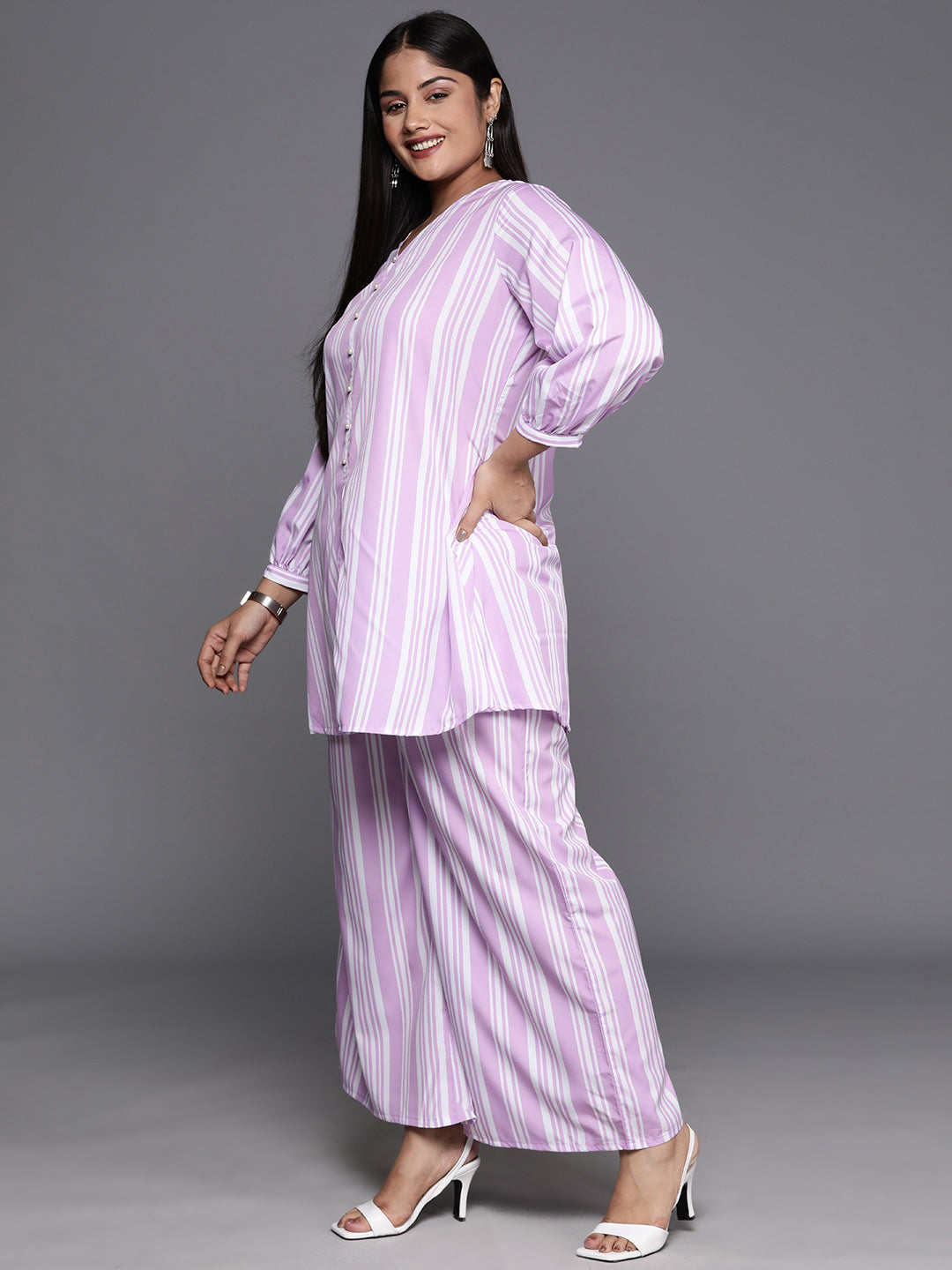 Lavender & White Plus Size Striped Tunic with Palazzos