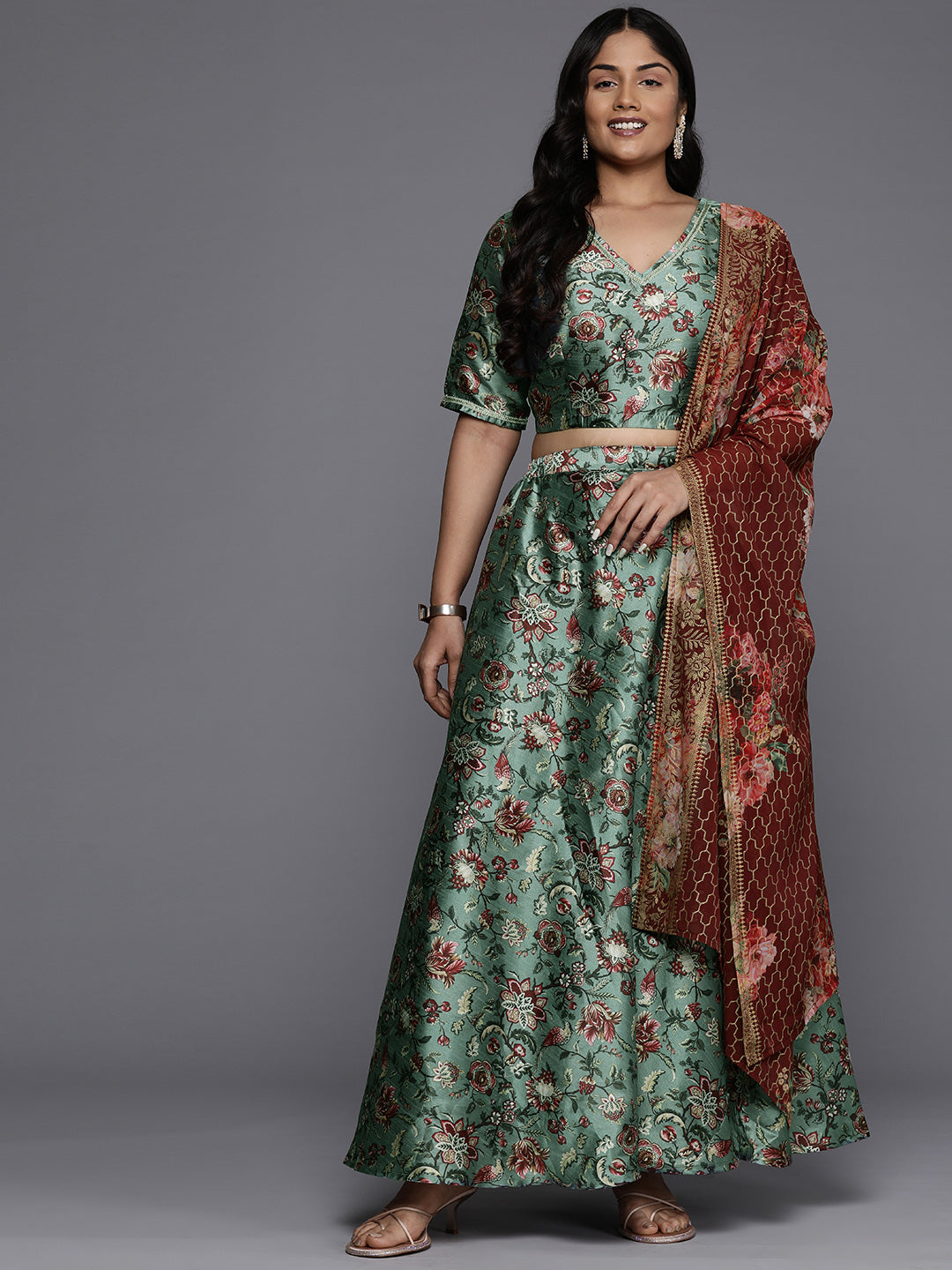 Plus Size Floral Printed Ready to Wear Lehenga & Blouse With Dupatta