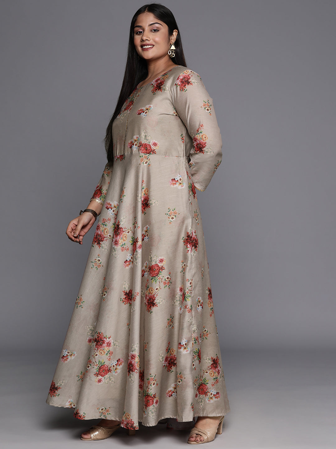 Brown & Grey Floral Printed Plus Size Maxi Ethnic Dress With Dupatta