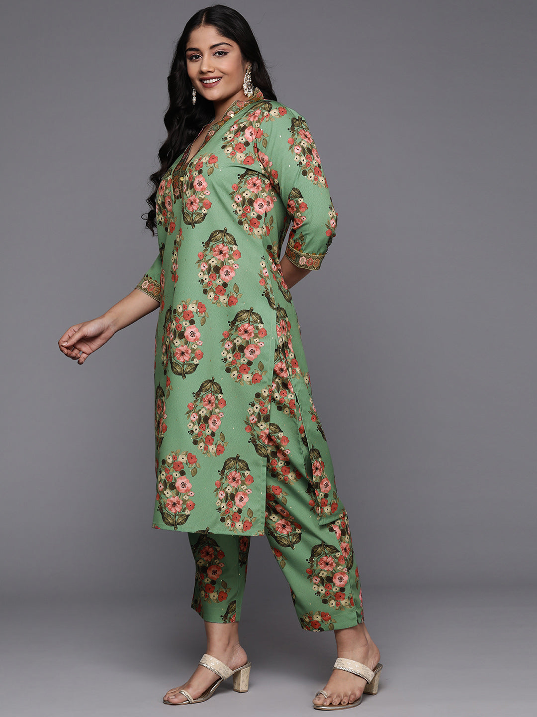 Plus Size Floral Printed Sequinned Kurta with Palazzos