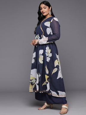 Plus Size Floral Printed Zari Angrakha Kurta with Palazzos