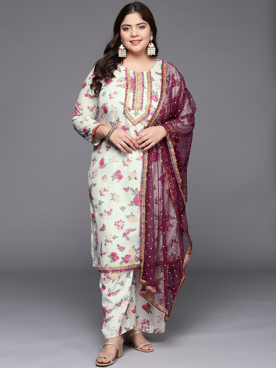 A PLUS BY AHALYAA Plus Size Floral Printed Zari Kurta with Palazzos & With Dupatta