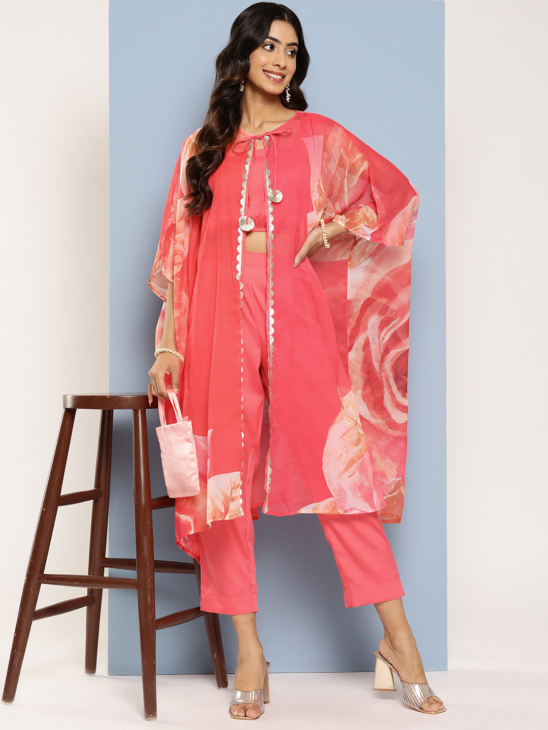 Coral Solid Top with Palazzos & Printed Shrug