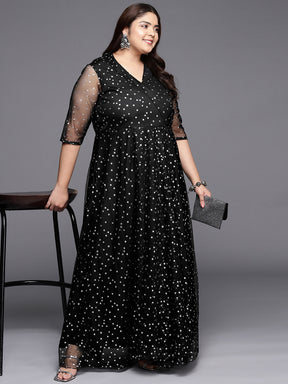 Black & Silver Plus Size Printed Maxi Ethnic Dress