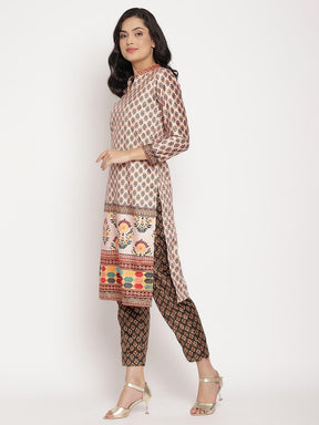 Ahalyaa Women Cream-Coloured & Black Printed Velvet Kurta with Trousers