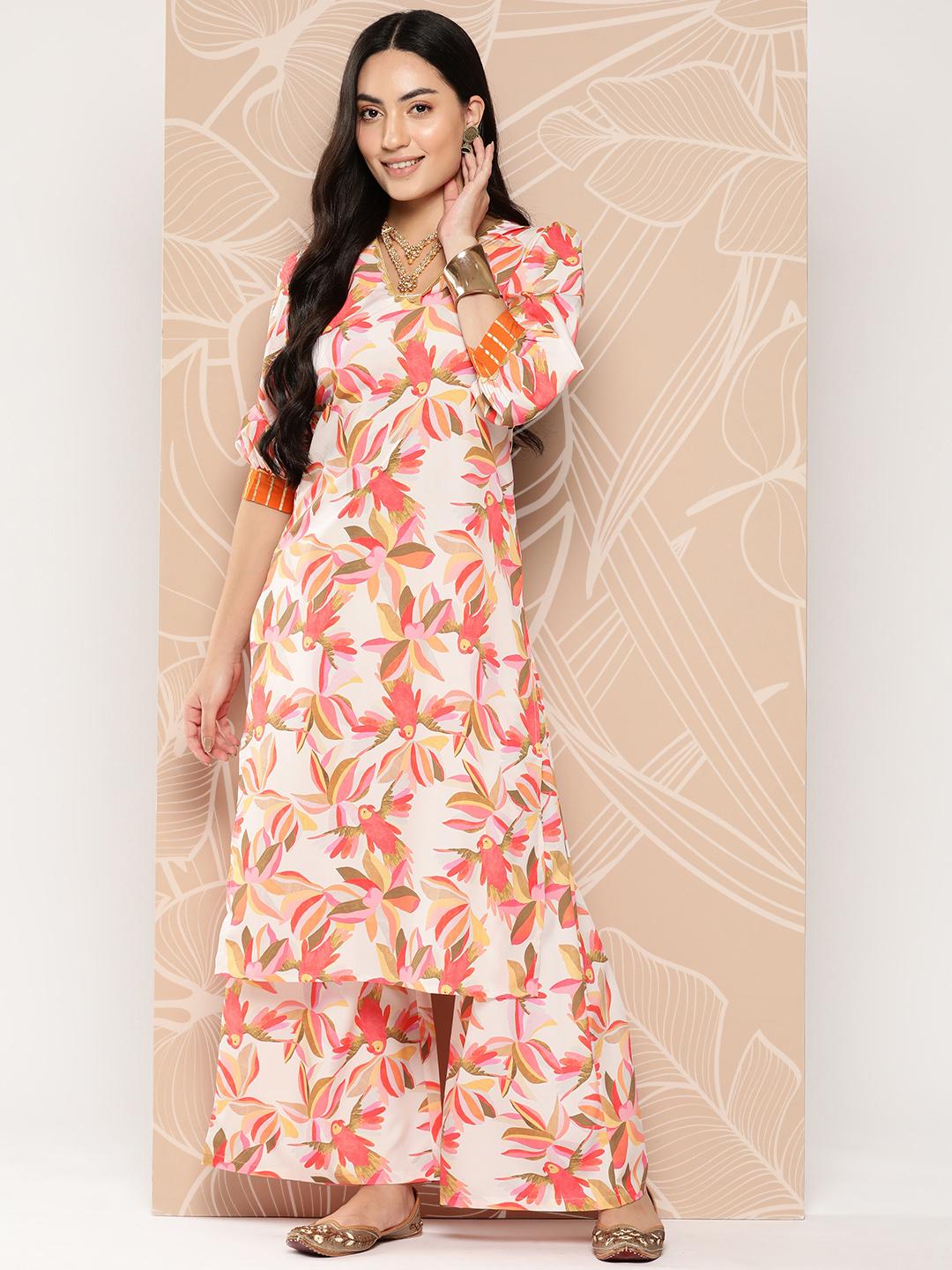 Ahalyaa Floral Printed Regular Gotta Patti Kurta with Palazzos - Off White