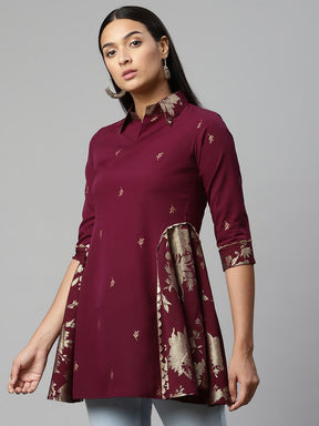 Ahalyaa Burgundy & Gold-Toned Shirt Collar Printed Tunic
