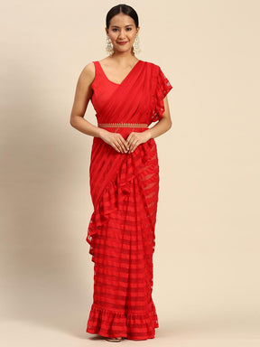 Ahalyaa Striped Net Ready To Wear Saree with Stitched Blouse - Red