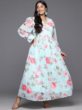 Turquoise Blue & Pink Plus Size Floral Printed A-Line Maxi Dress
