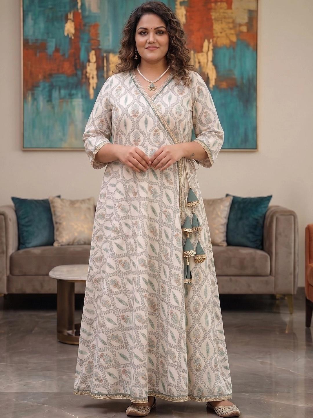 A PLUS BY AHALYAA Printed V-Neck A-Line Ethnic Dress - Off White