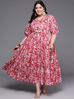 Plus Size Floral Printed Puff Sleeves Pure Cotton Maxi Ethnic Dress