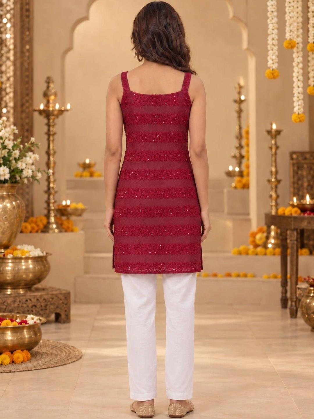 Ahalyaa Embellished Square Neck Sequinned Kurti - Maroon