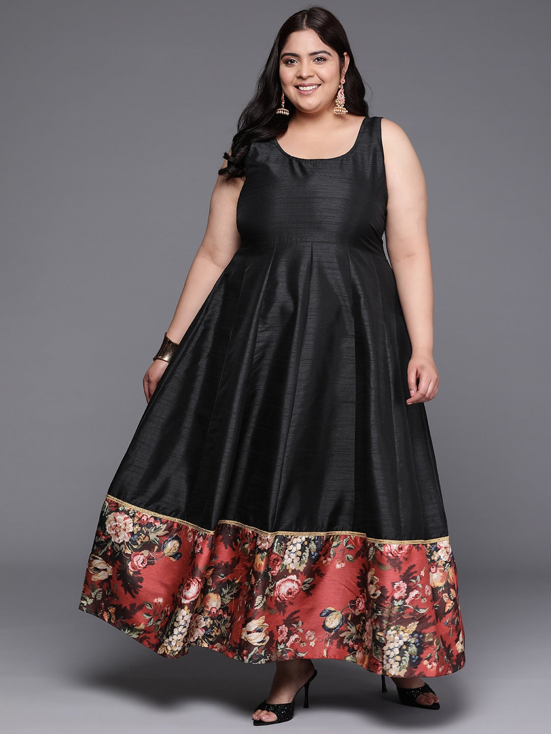 Plus Size Floral Printed Fit & Flare Maxi Ethnic Dress