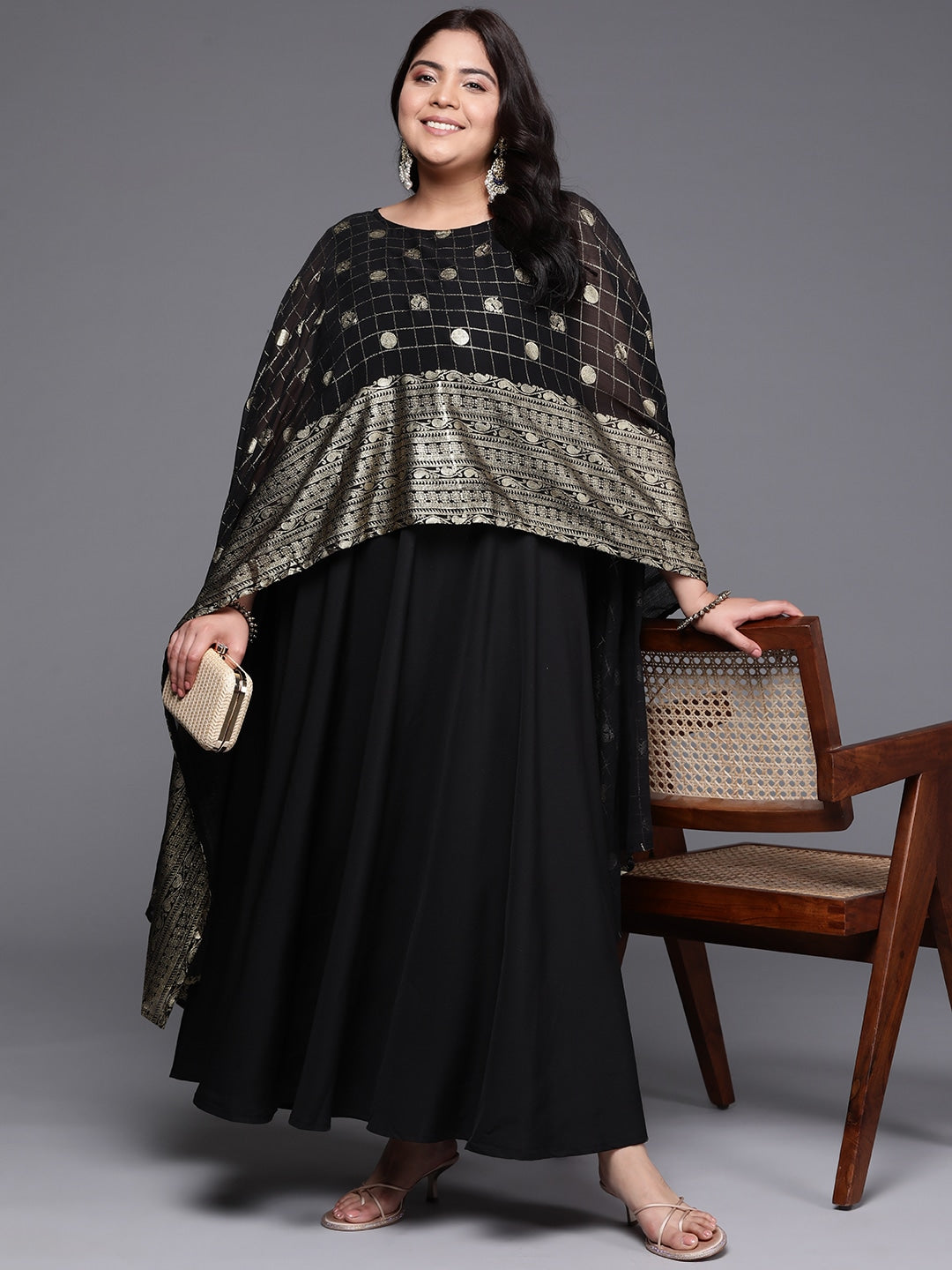 Plus Size Checked Cape Sleeves Layered Ethnic Gown