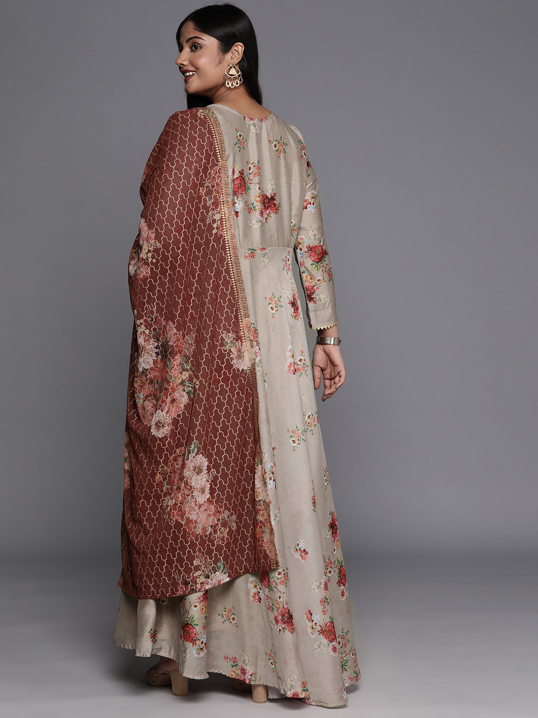 Brown & Grey Floral Printed Plus Size Maxi Ethnic Dress With Dupatta