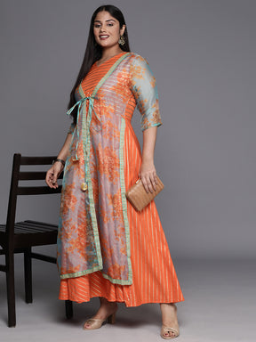 Orange, Gold & Green Printed Plus Size Maxi Ethnic Dress