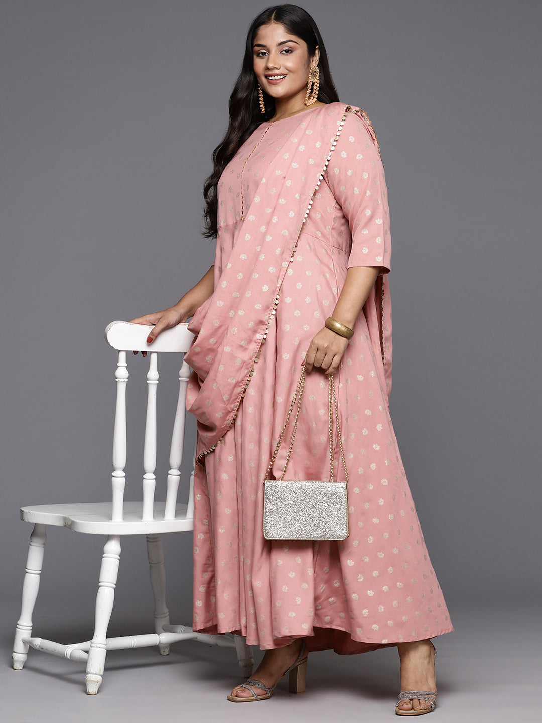 Pink Printed Plus Size A-Line Maxi Dress with Dupatta