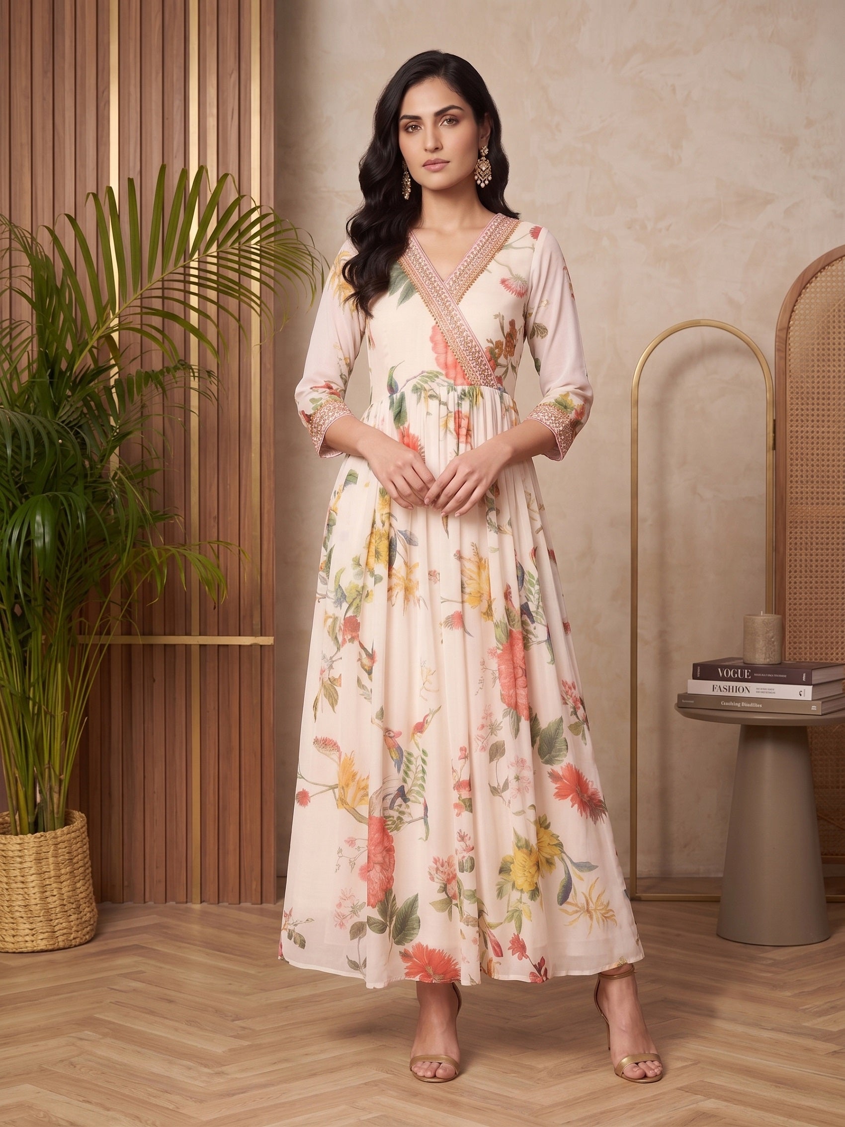 Printed V-Neck Fit And Flare Maxi Dress