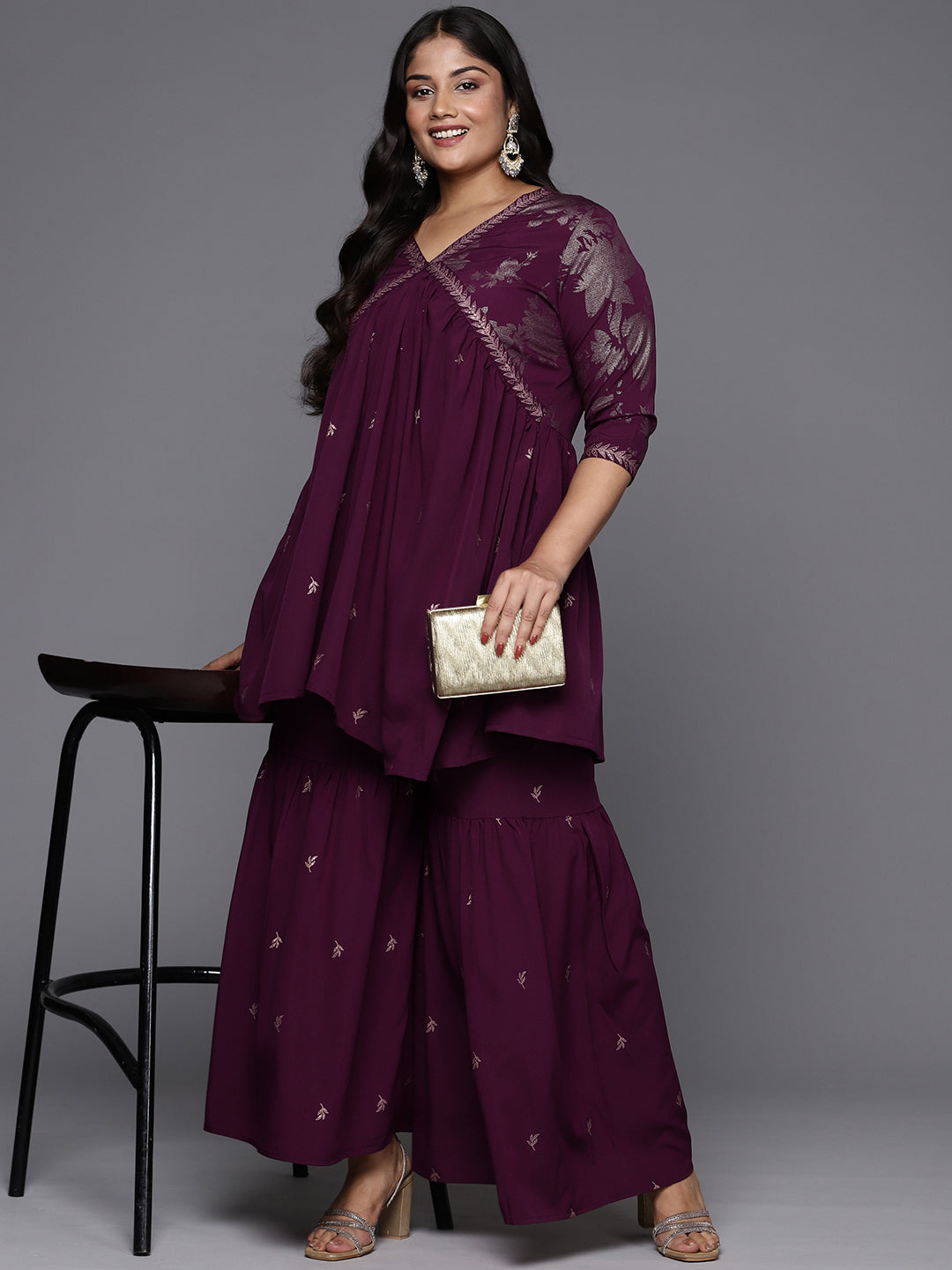 A PLUS BY AHALYAA Plus Size Floral Printed Empire Kurti with Sharara