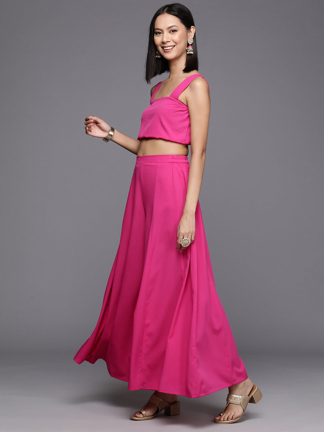 Pink Solid Crop Top with Palazzos and Printed Shrug