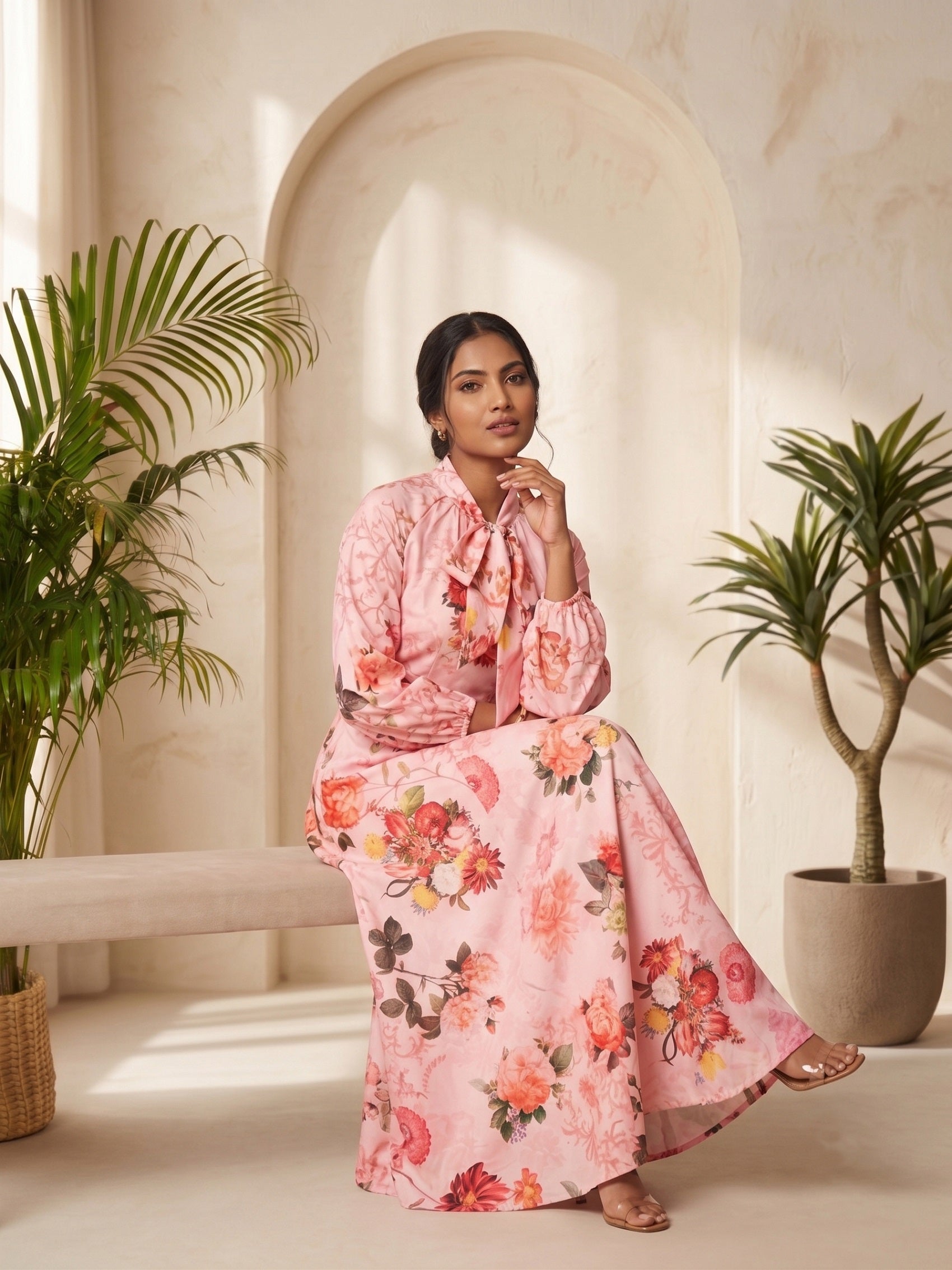 Printed Tie-Up Neck Fit and Flare Maxi Dress
