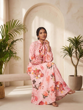 Printed Tie-Up Neck Fit and Flare Maxi Dress