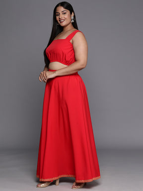 Red Plus Size Ethnic Top Skirt with Shrug