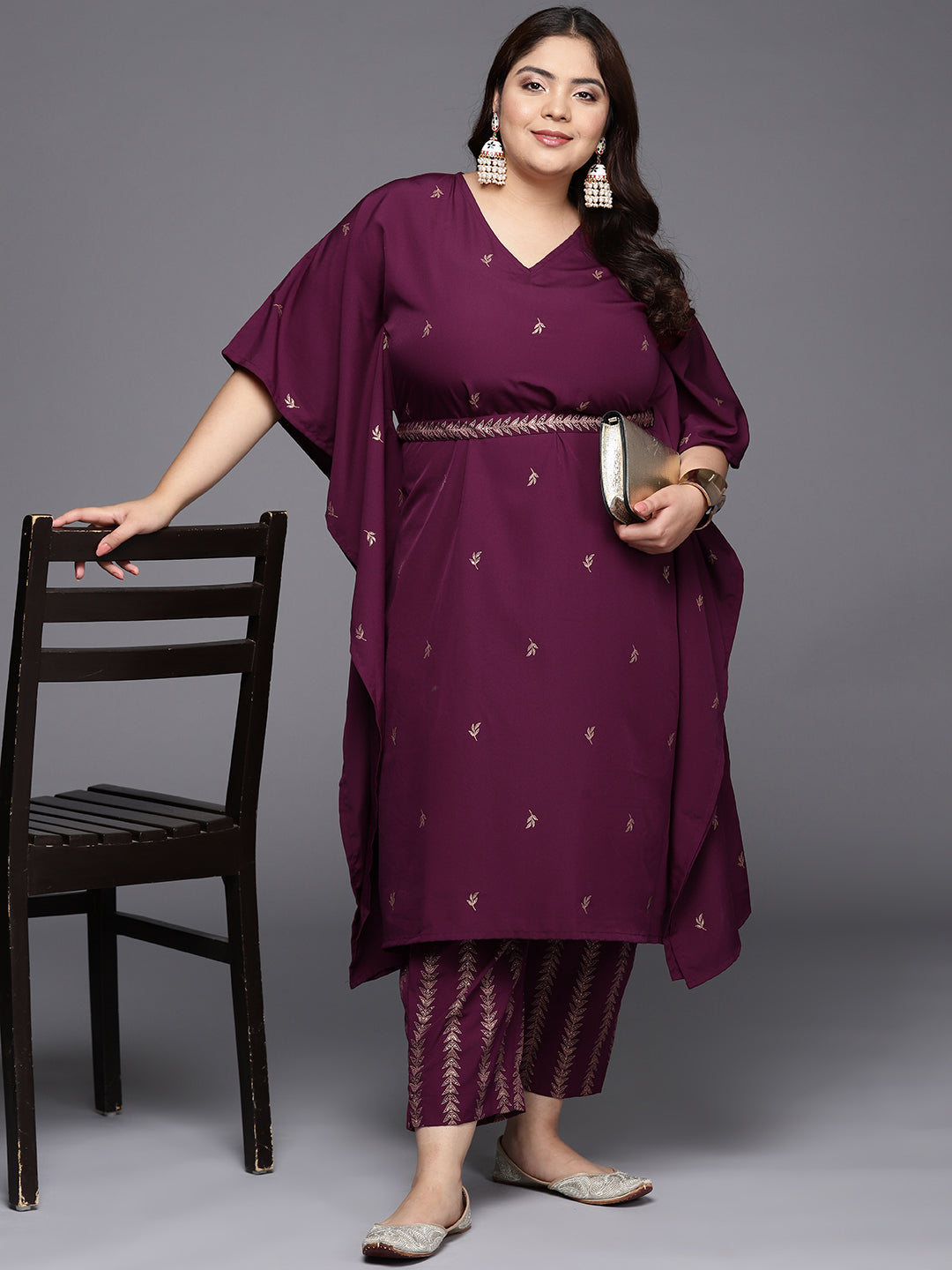 A PLUS BY AHALYAA Plus Size Floral Printed Kaftan Kurta with Trousers