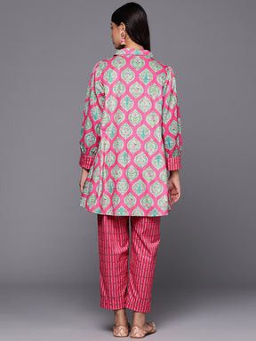 Pink & Sea Green Printed Velvet Tunic & Trousers