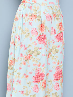 Turquoise Blue Floral Printed Regular Tunic with Palazzos
