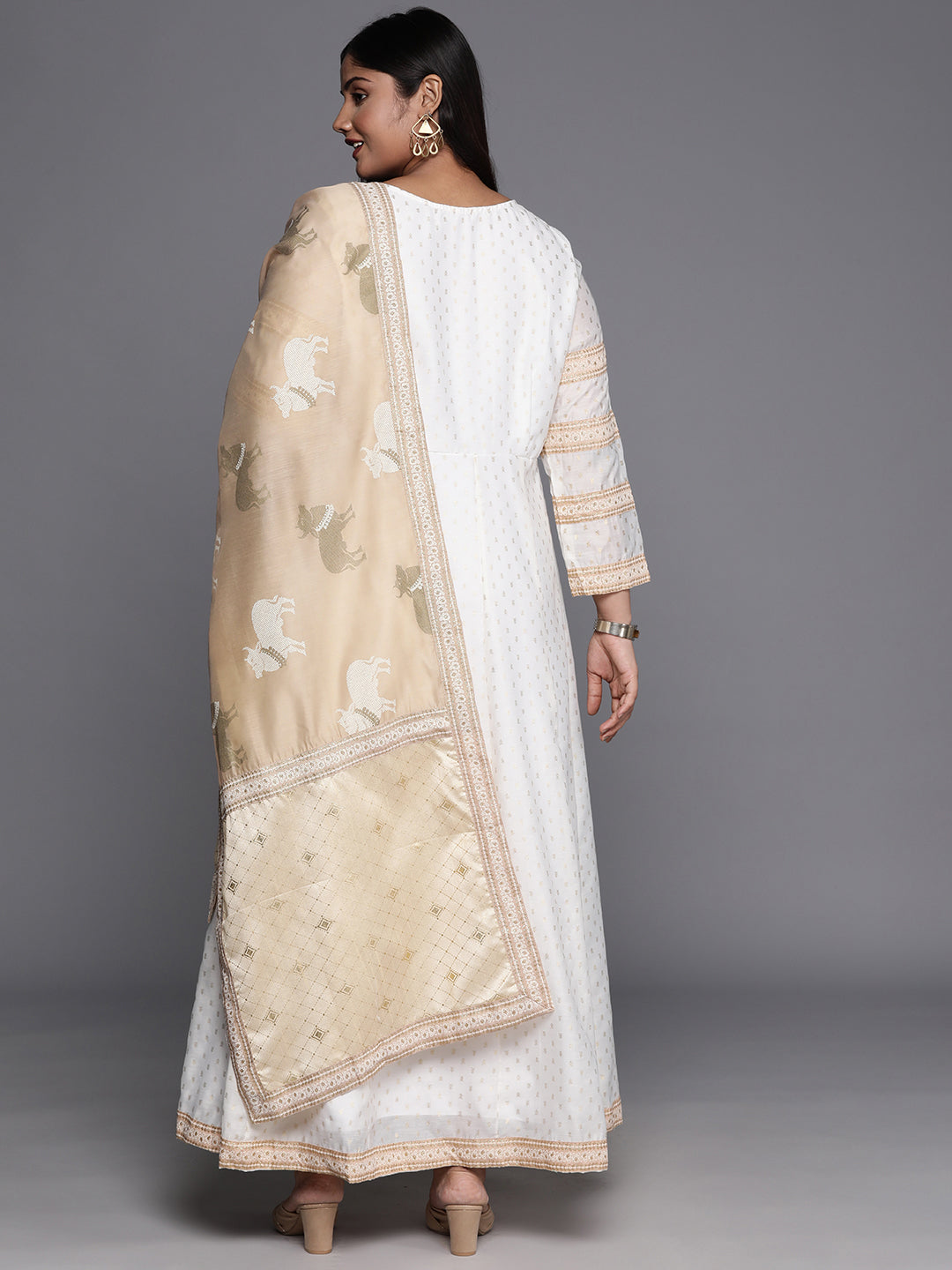 Off White & Gold Printed Plus Size Maxi Ethnic Dress With Dupatta